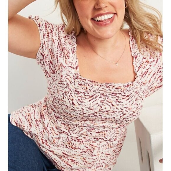 NEW NWT OLD NAVY Smocked Bodice Tie Dye Top Cream Beige Burgundy Short Sleeve M - Picture 1 of 15